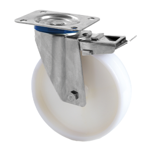 Coldene - Nylon Wheel Swivel Plate Braked Stainless Steel Castor with Plain Bore - CDSTPBSSXXXNY - Main Image