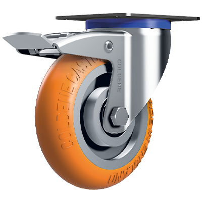 Coldene - Standard Duty Ergonomic Castor Swivel Braked Orange Polyurethane Tyre Aluminium Core - CDSTPBXXAP-ERGO - Product Main Image